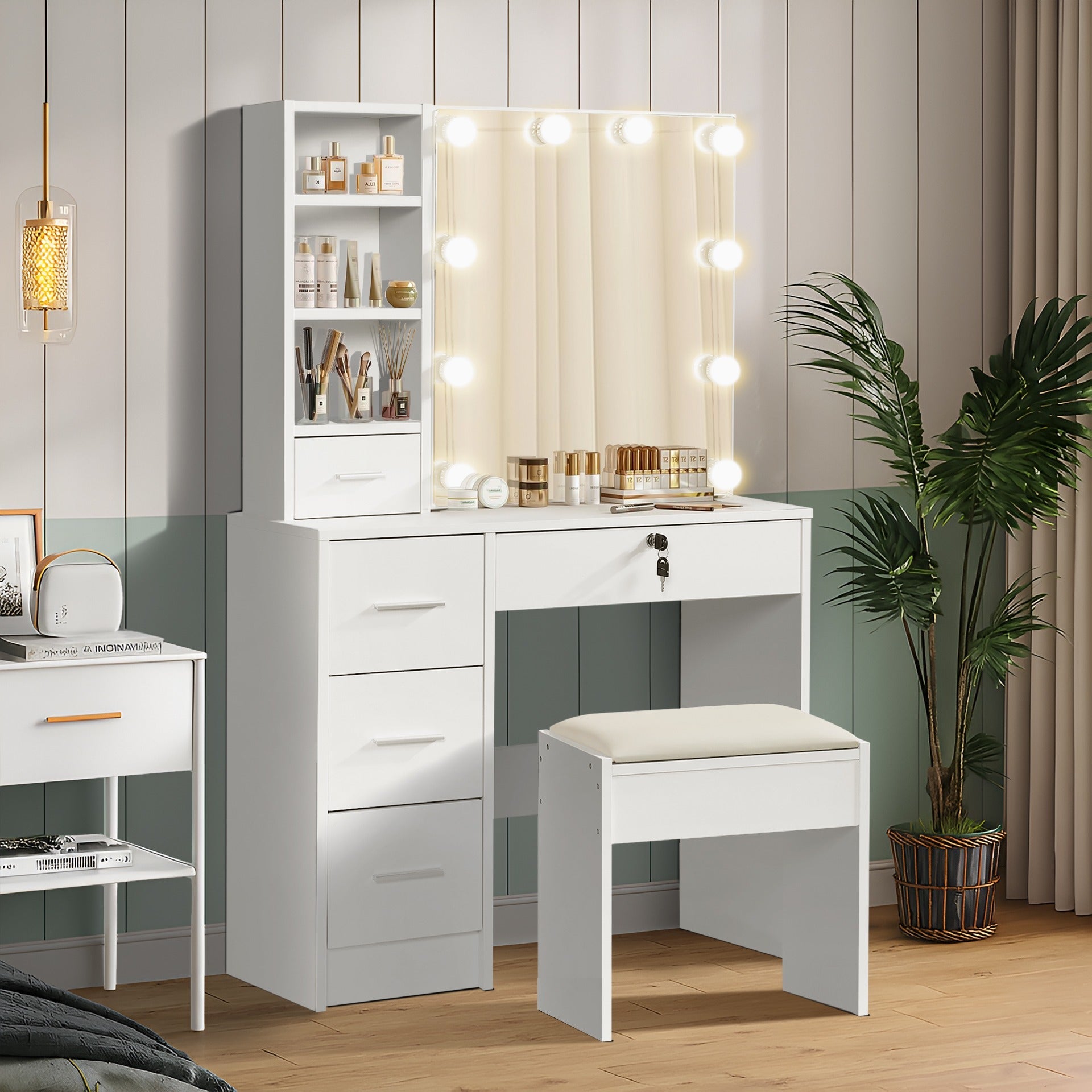 FREESIA 2 Piece Dressing Table with Mirror & Stool Set - White Treasurebox FREESIA 2 Piece Dressing Table with Mirror & Stool Set - White Treasurebox