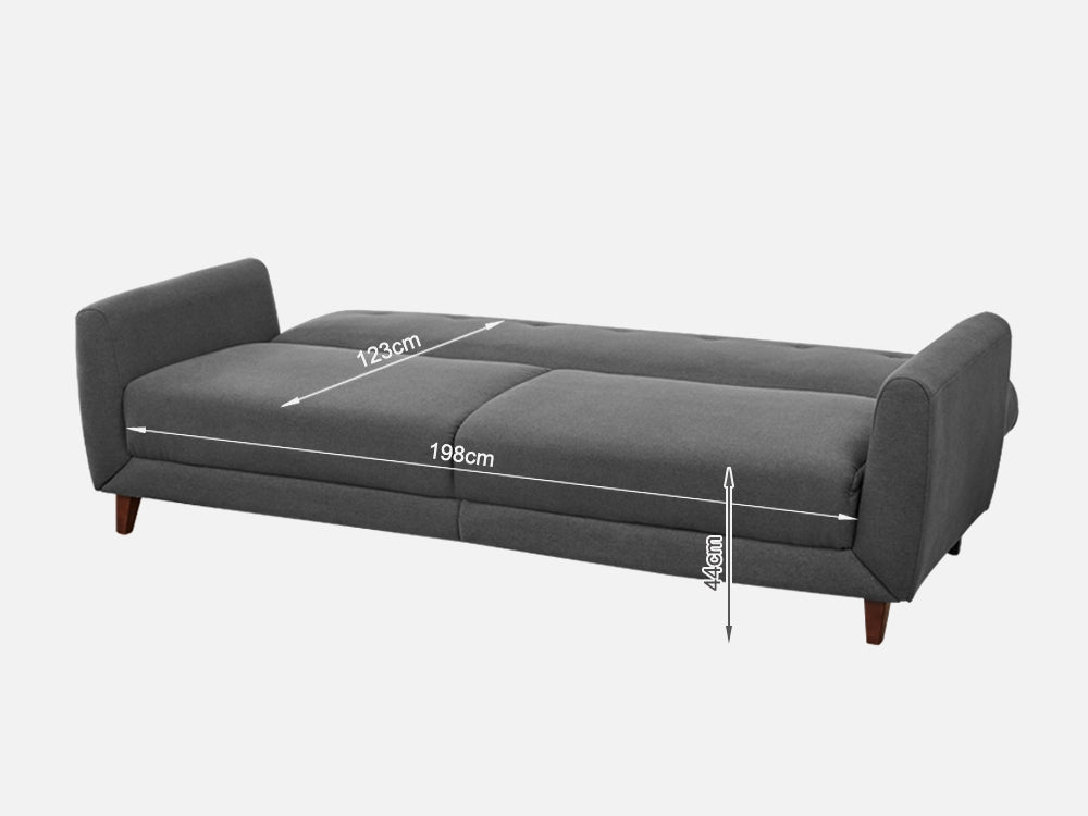 MUNICH 3-Seater Sofa Bed in dark grey with dimensions: 123cm height, 198cm width, 46cm depth.