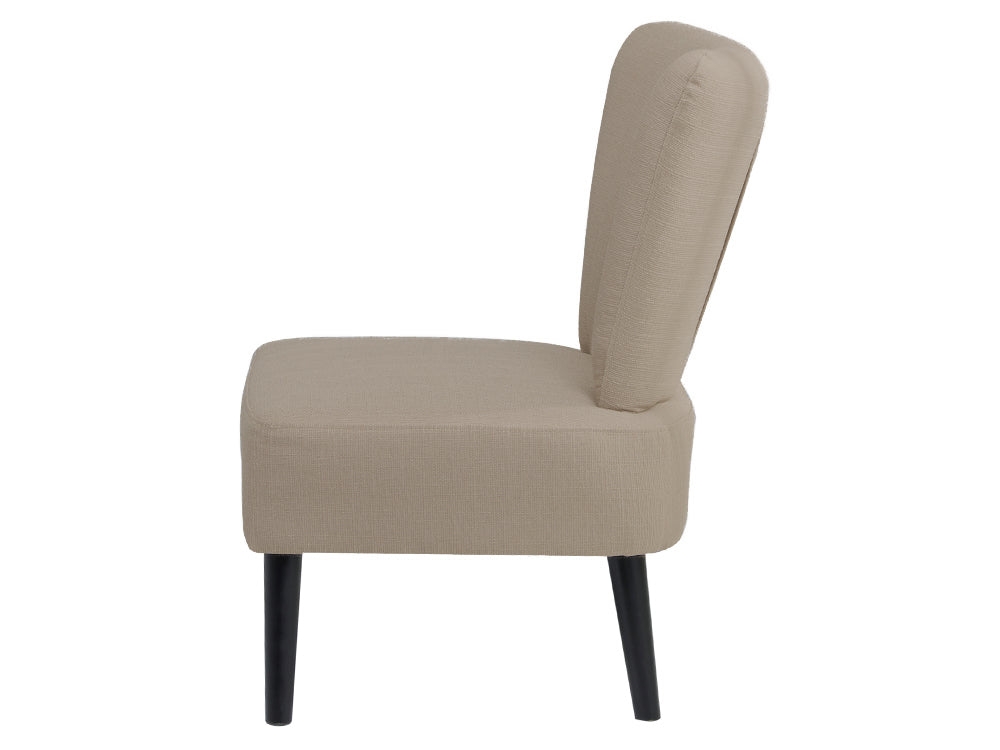 Anita Occasional Fabric Lounge Chair showcasing a minimalist design in beige, with sleek black legs and a comfortable backrest.