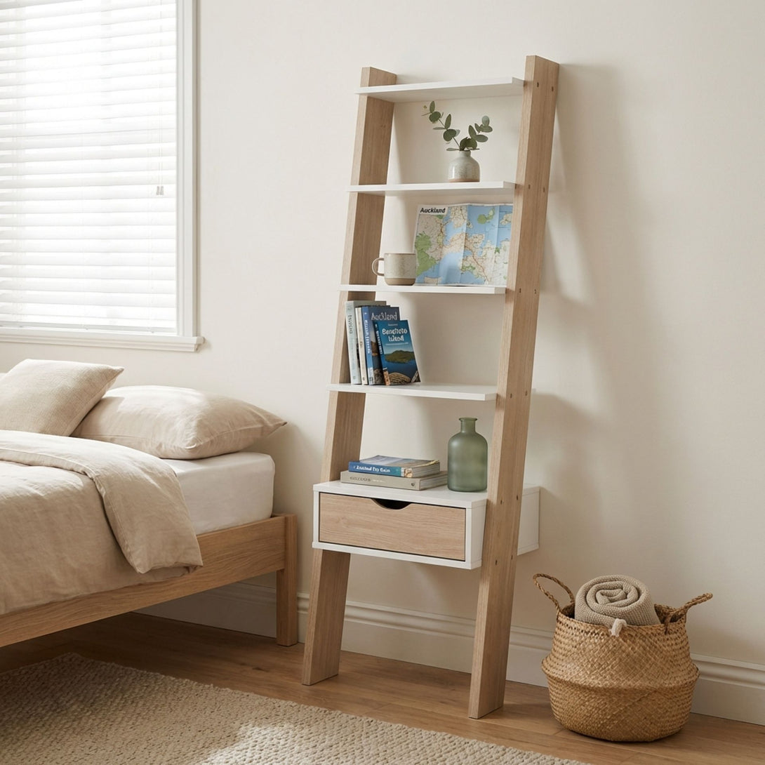 Clive 5 Tier Ladder Shelf with Drawer - Walnut + White – Treasurebox