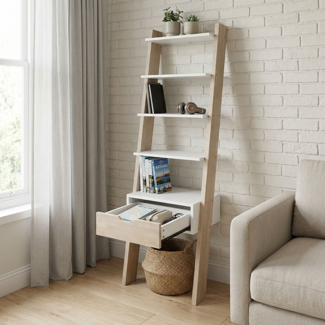 Clive 5 Tier Ladder Shelf with Drawer - Walnut + White – Treasurebox