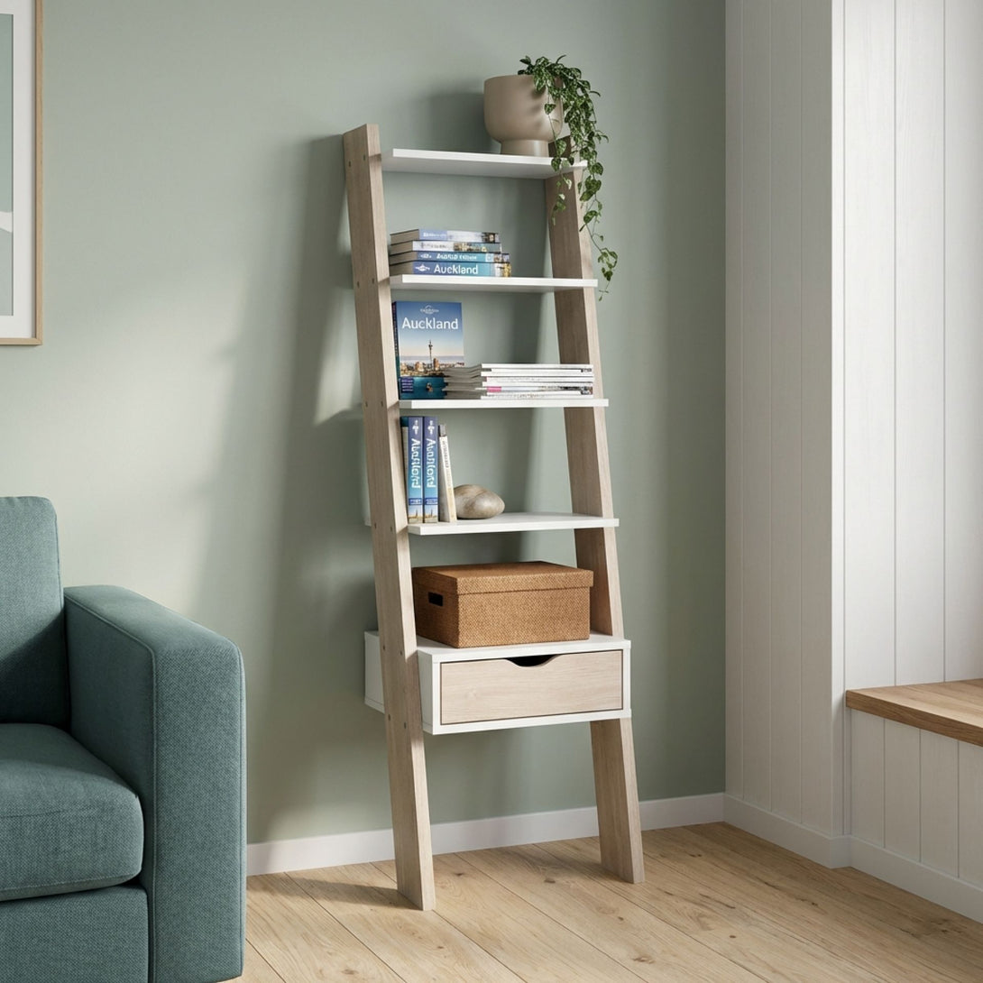 Clive 5 Tier Ladder Shelf with Drawer - Walnut + White – Treasurebox
