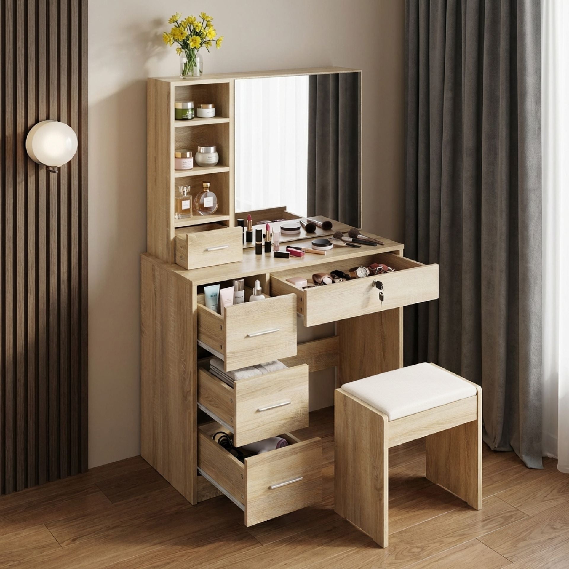 Carnation Dressing Table with Drawers Set - Oak – Treasurebox
