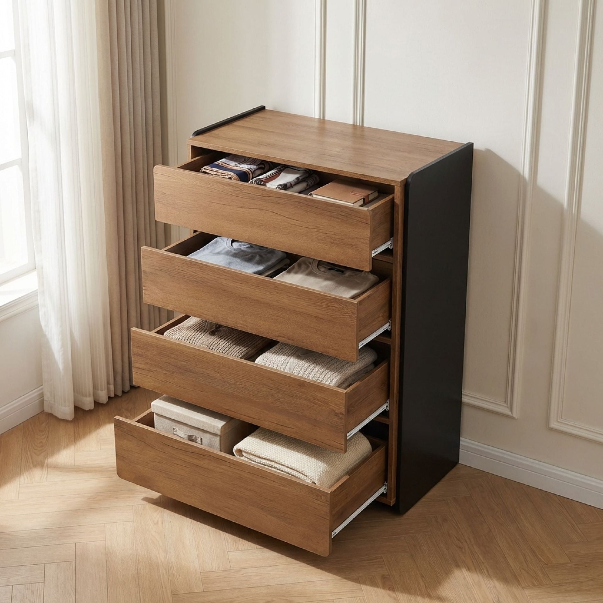 Dorian 4 Drawers Tallboy - Walnut + Black – Treasurebox