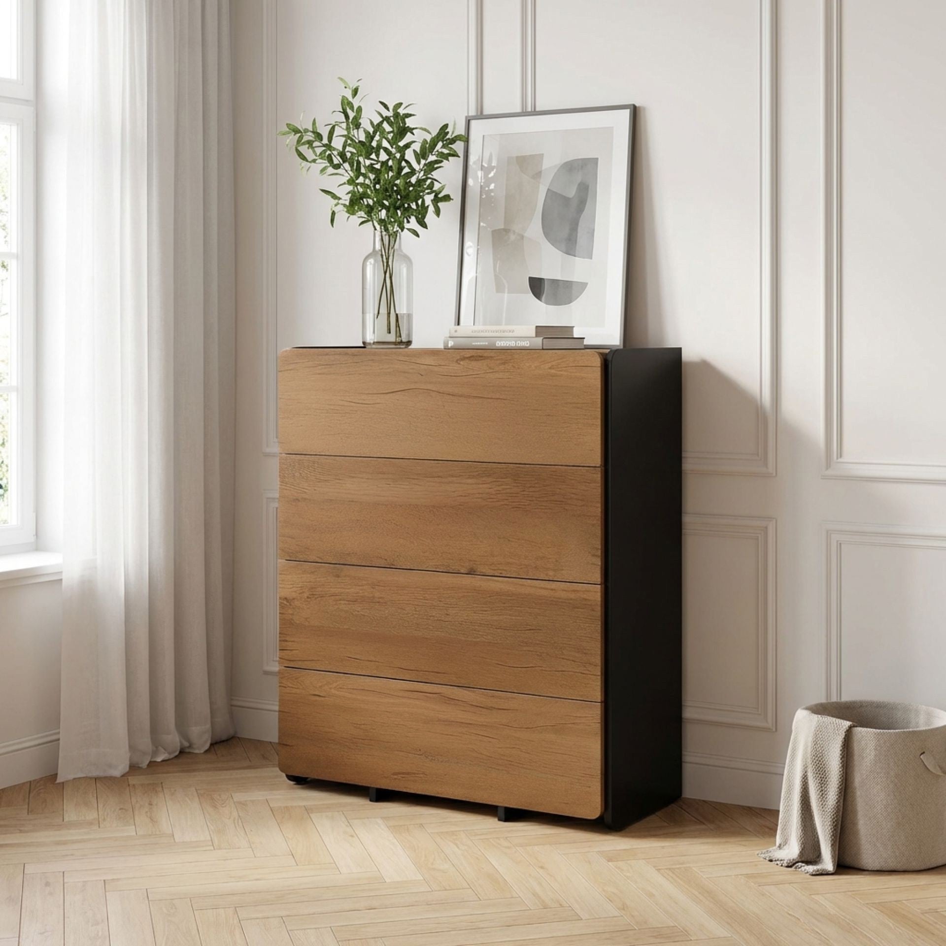 Dorian 4 Drawers Tallboy - Walnut + Black – Treasurebox
