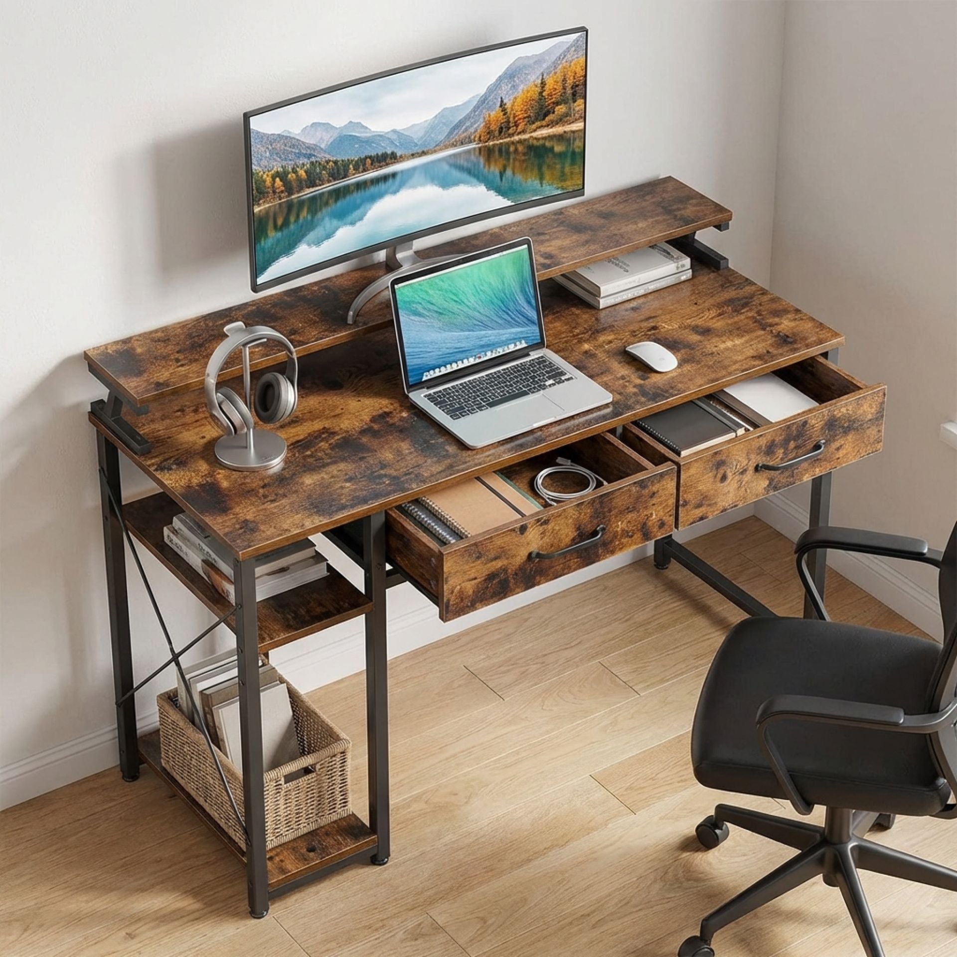 Gael 120cm Computer Desk with 2 Drawers - Rustic Brown – Treasurebox