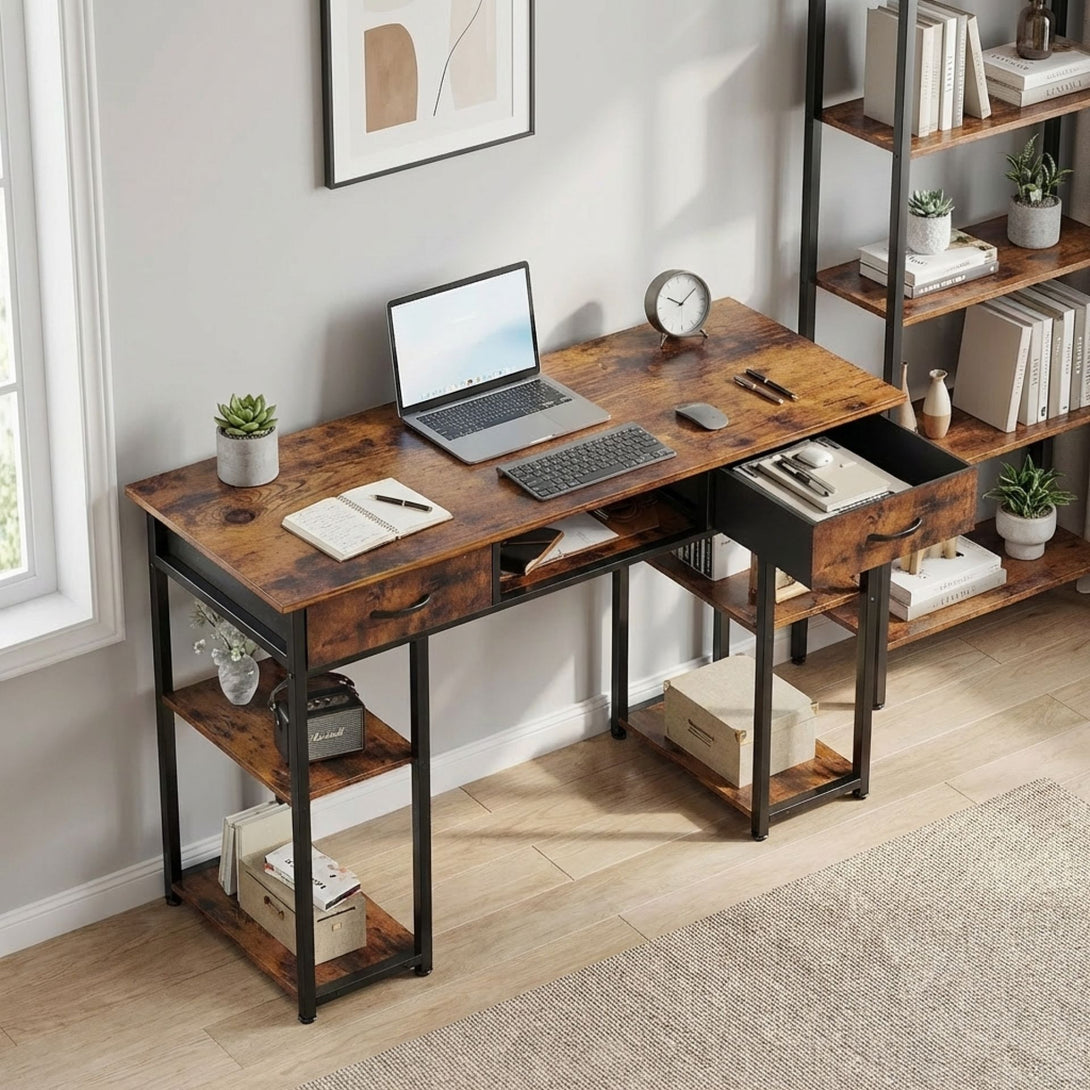 Richard 120m Computer Desk With Bookshelf - Rustic Brown – Treasurebox