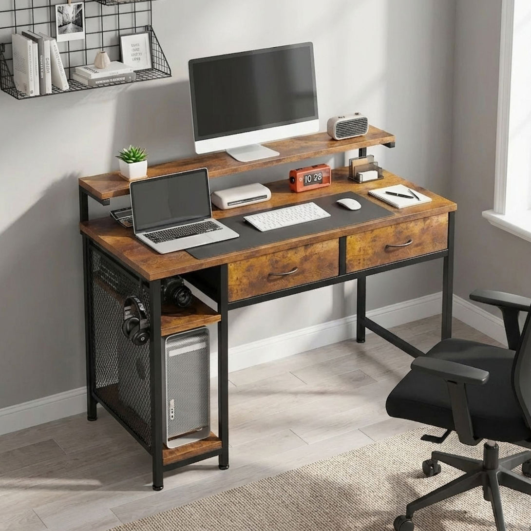 Emilio 100cm Computer Desk with 2 Drawers - Rustic Brown – Treasurebox