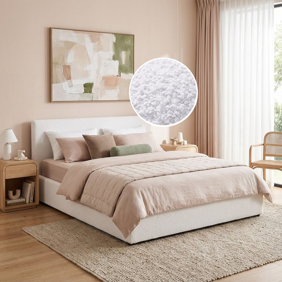 Belo Boucle Queen Gas Lift Bed Frame - White – Treasurebox