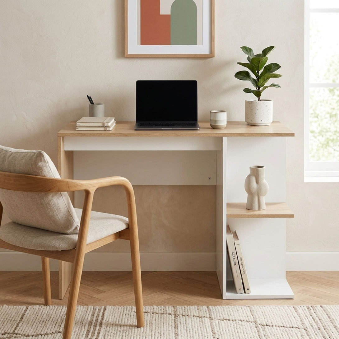 Brian 100cm Computer Desk - Oak + White | Modern Design – Treasurebox