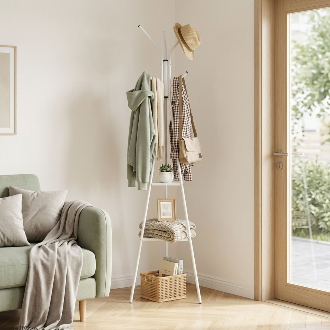 Aero Coat Rack with Storage Shelves - White – Treasurebox