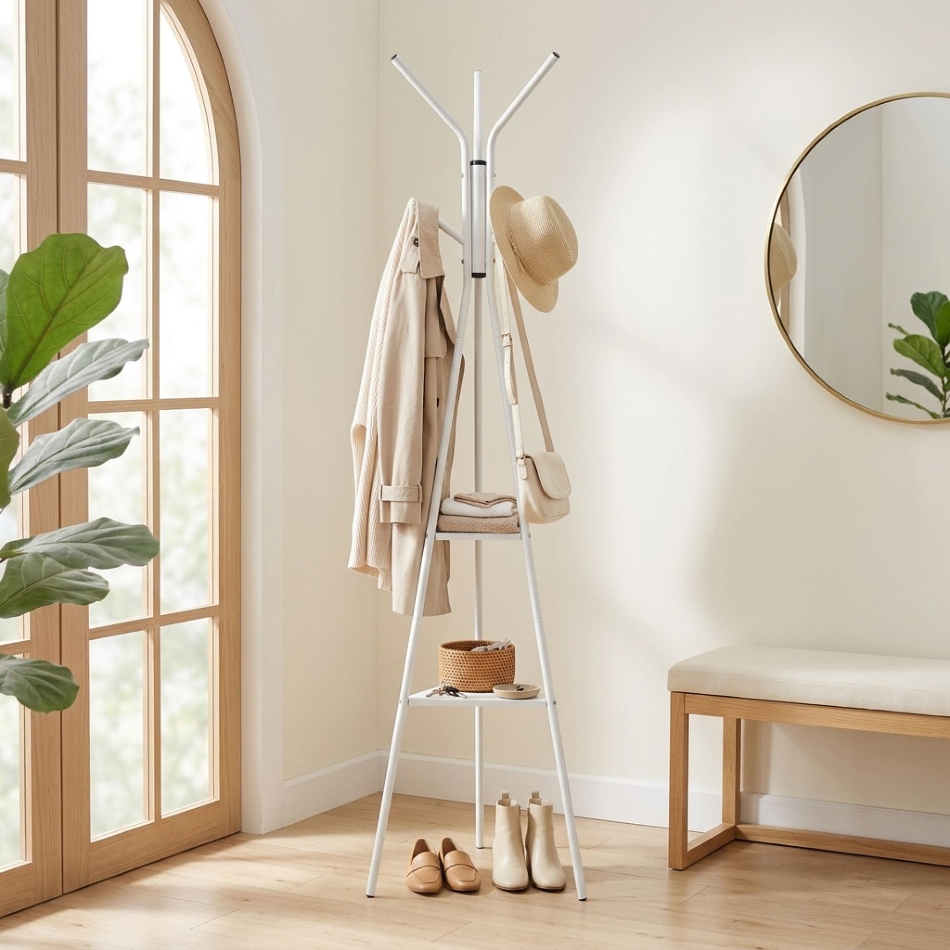 Aero Coat Rack with Storage Shelves - White – Treasurebox