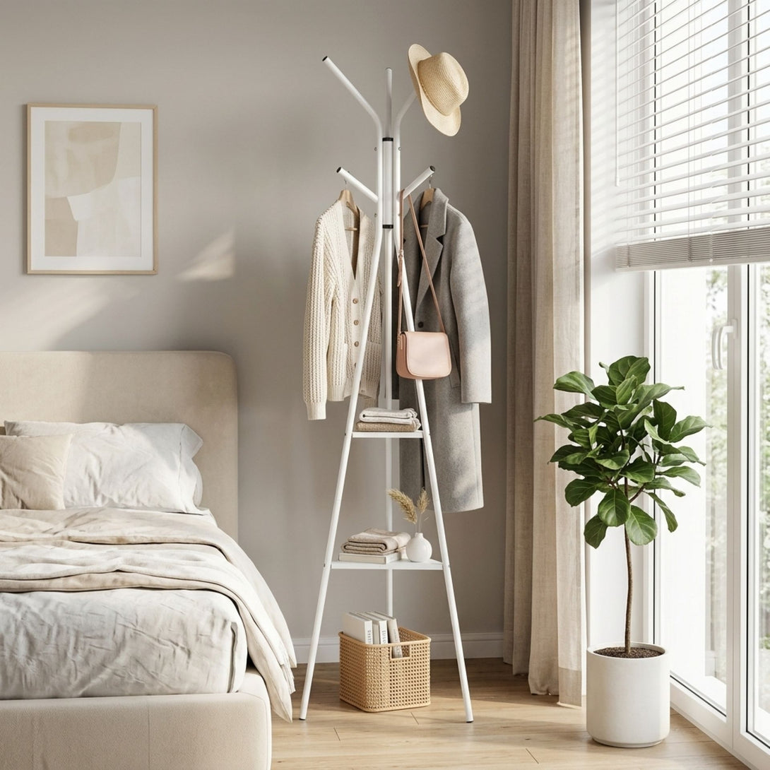 Aero Coat Rack with Storage Shelves - White – Treasurebox