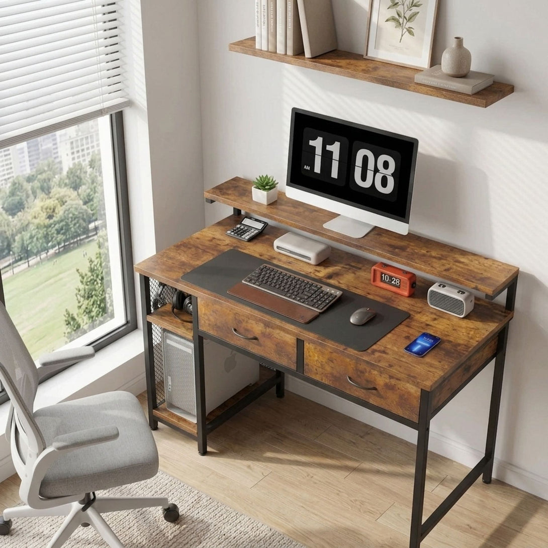 Box Computer Table Emilio 100cm Computer Desk with 2 Drawers - Rustic Brown – Treasurebox