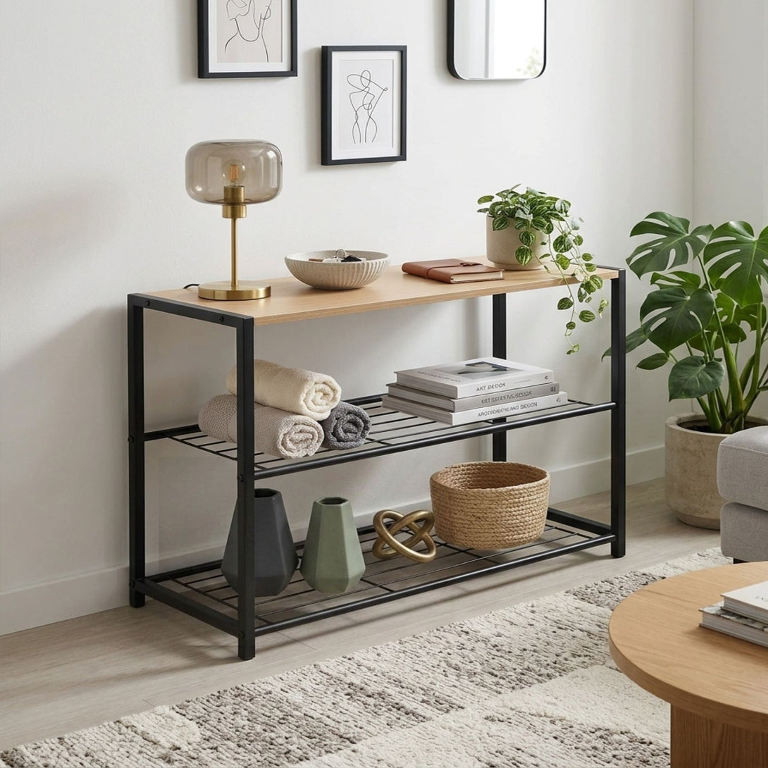 Milton 3 Tier Storage Shelf - Maple + Black | Orderly Living – Treasurebox