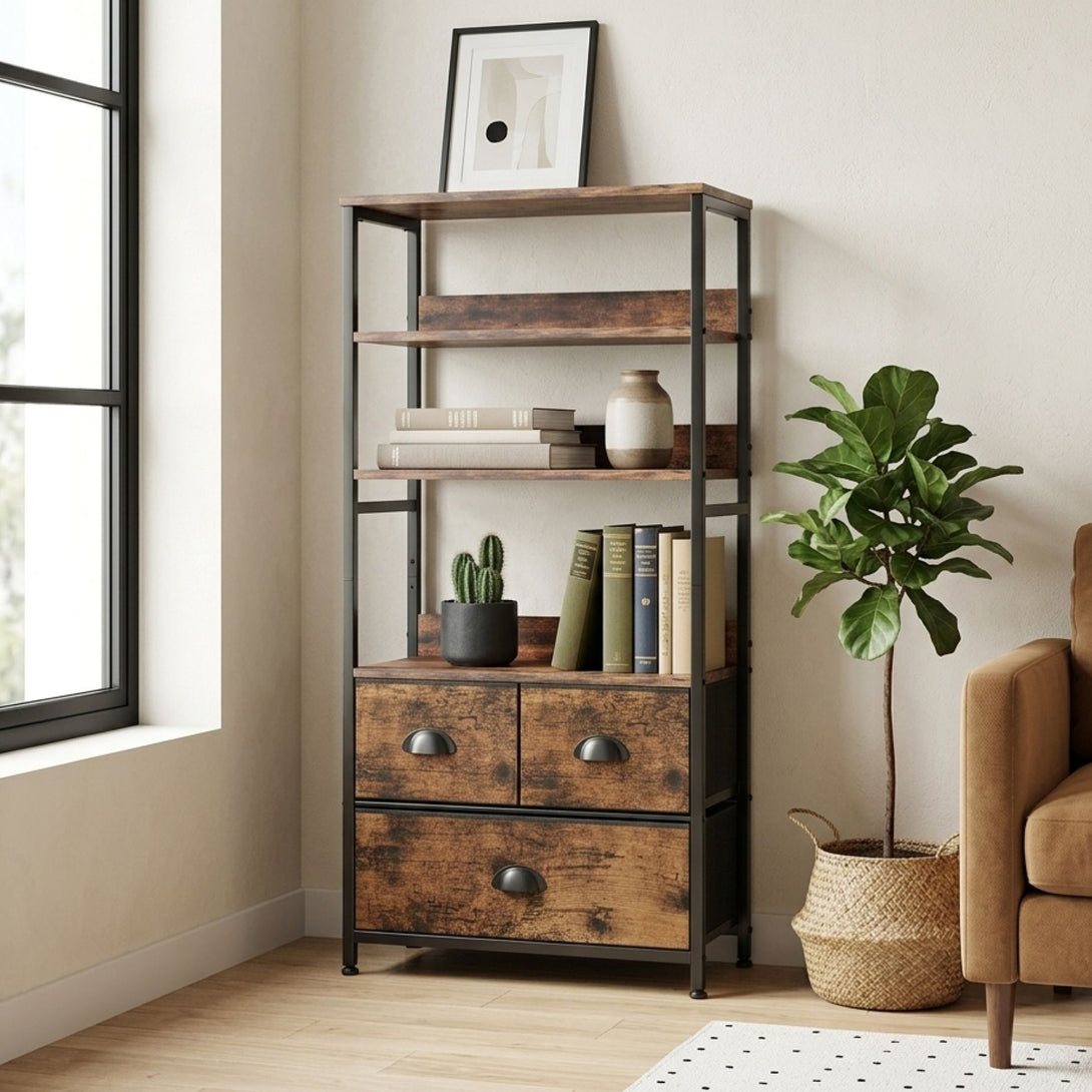 Whitby 4 Tier Storage Shelf with Drawers - Rustic Brown – Treasurebox