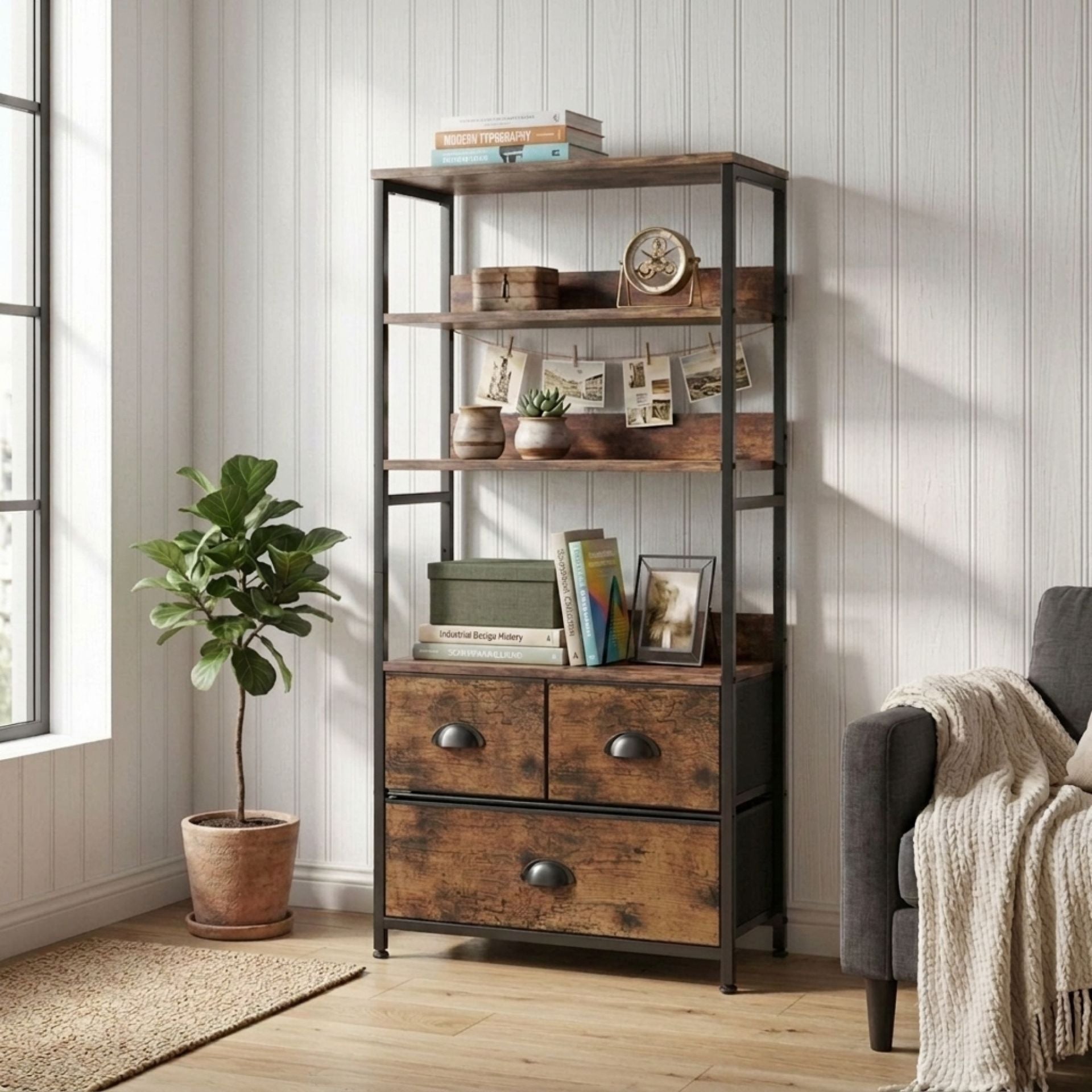 Whitby 4 Tier Storage Shelf with Drawers - Rustic Brown – Treasurebox