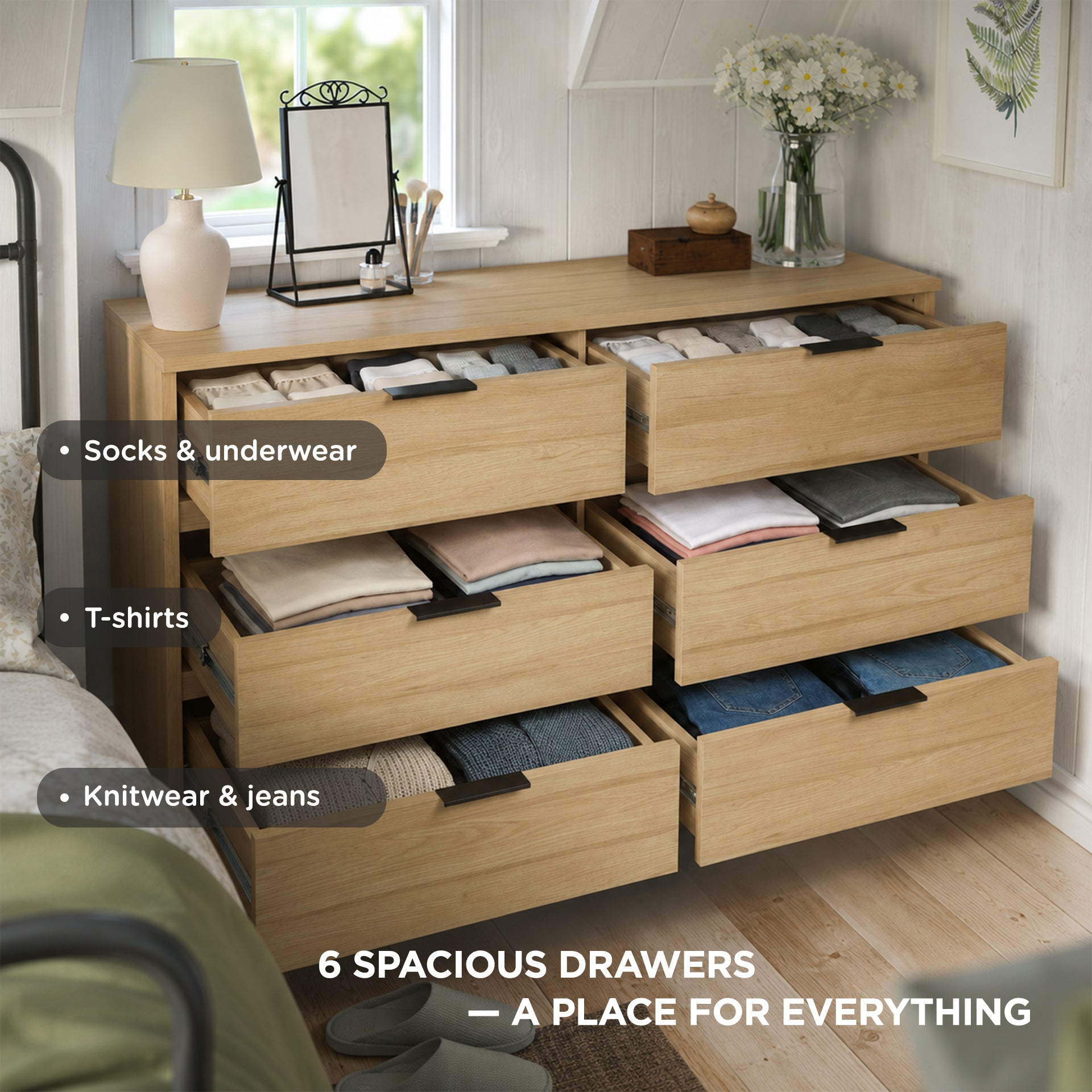 Ocala Low Boy 6 Drawer Chest Dresser - Oak – Treasurebox Ocala Low Boy 6 Drawer Chest Dresser - Oak – Treasurebox