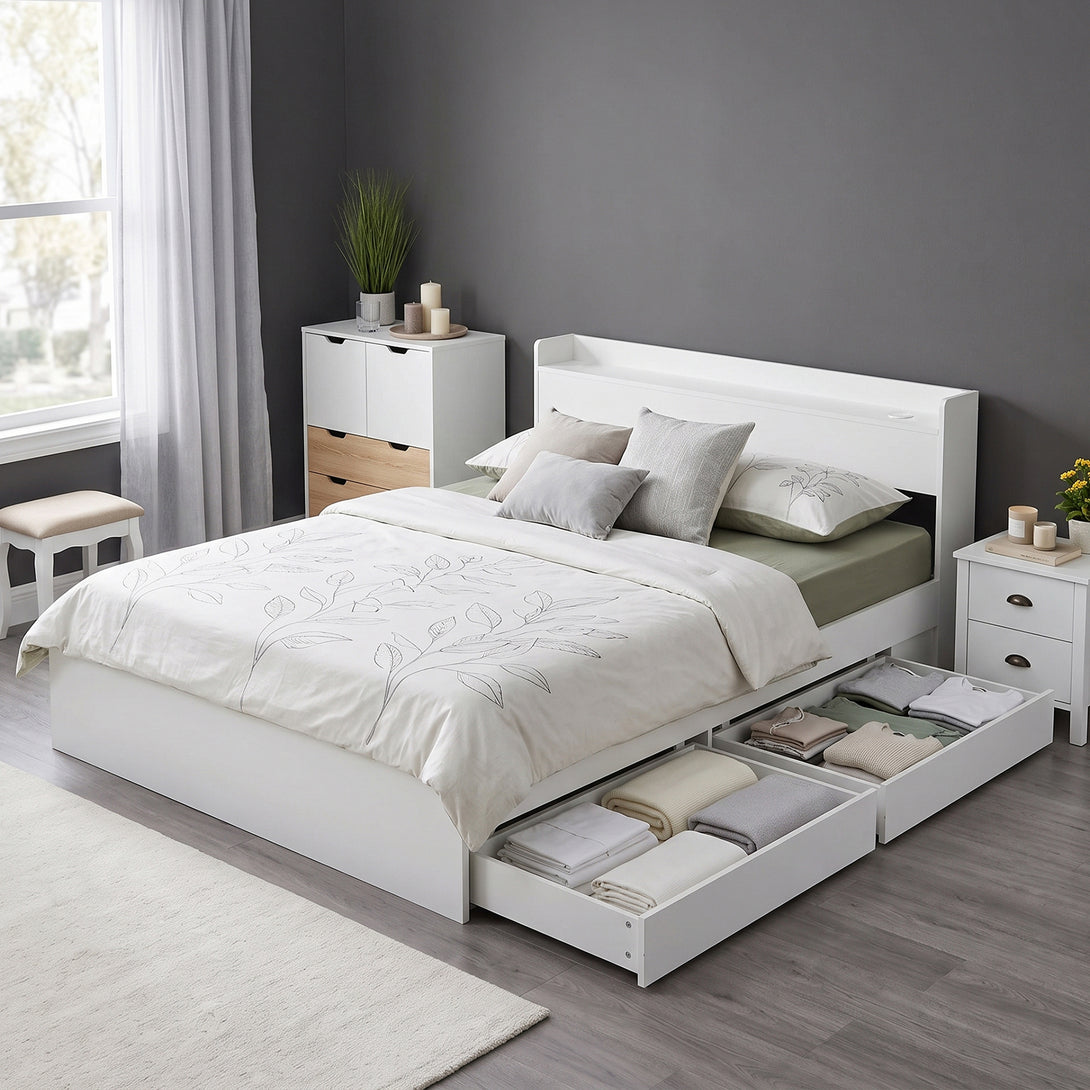 Elda Queen Bed Frame with USB Port & Drawers - White – Treasurebox