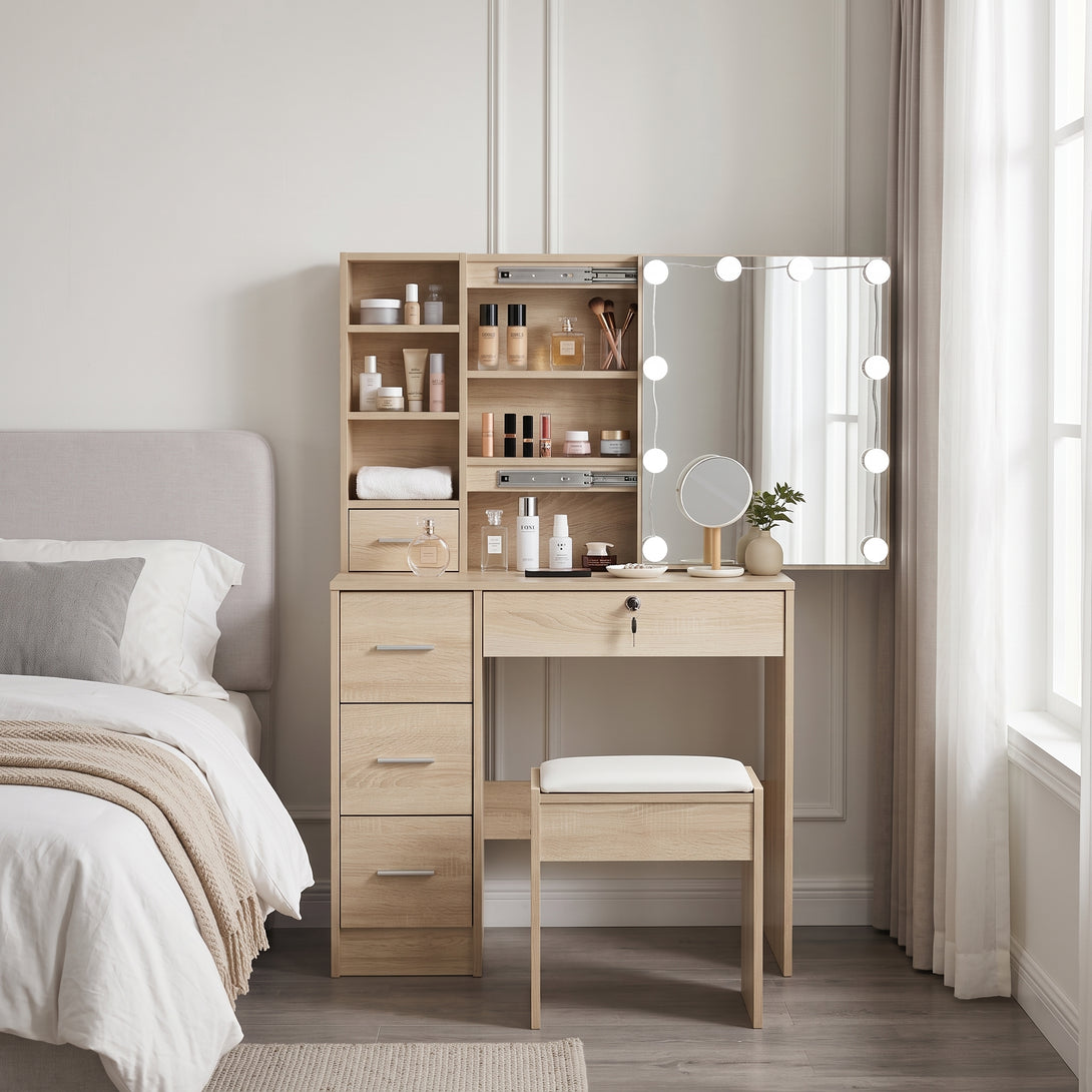 Freesia 2 Piece Dressing Table with Mirror & Stool Set - Oak – Treasurebox