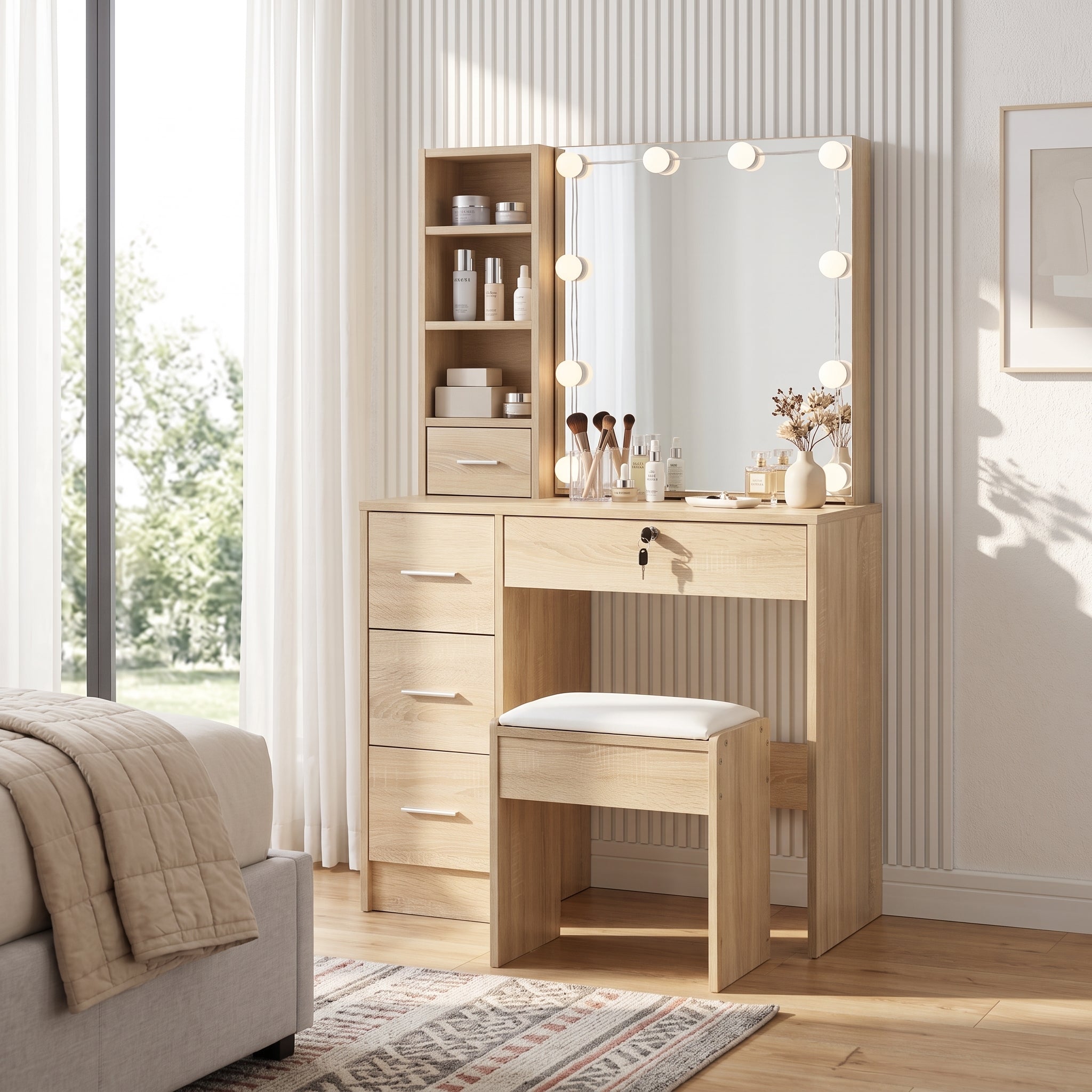 Freesia 2 Piece Dressing Table with Mirror & Stool Set - Oak – Treasurebox