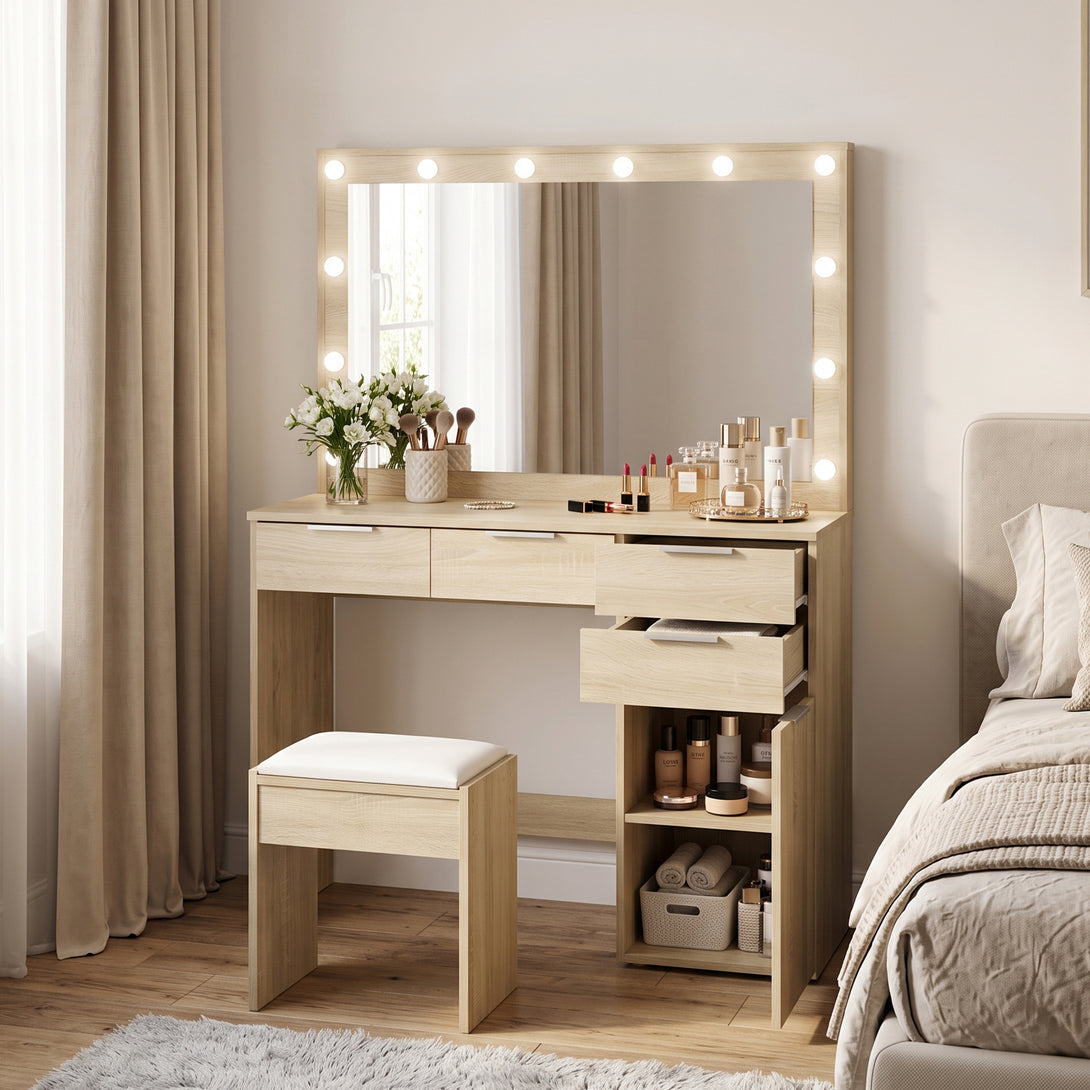 Dressing Rack Table Comfrey 2 Piece Dressing Table with Mirror & Stool Set - Oak – Treasurebox