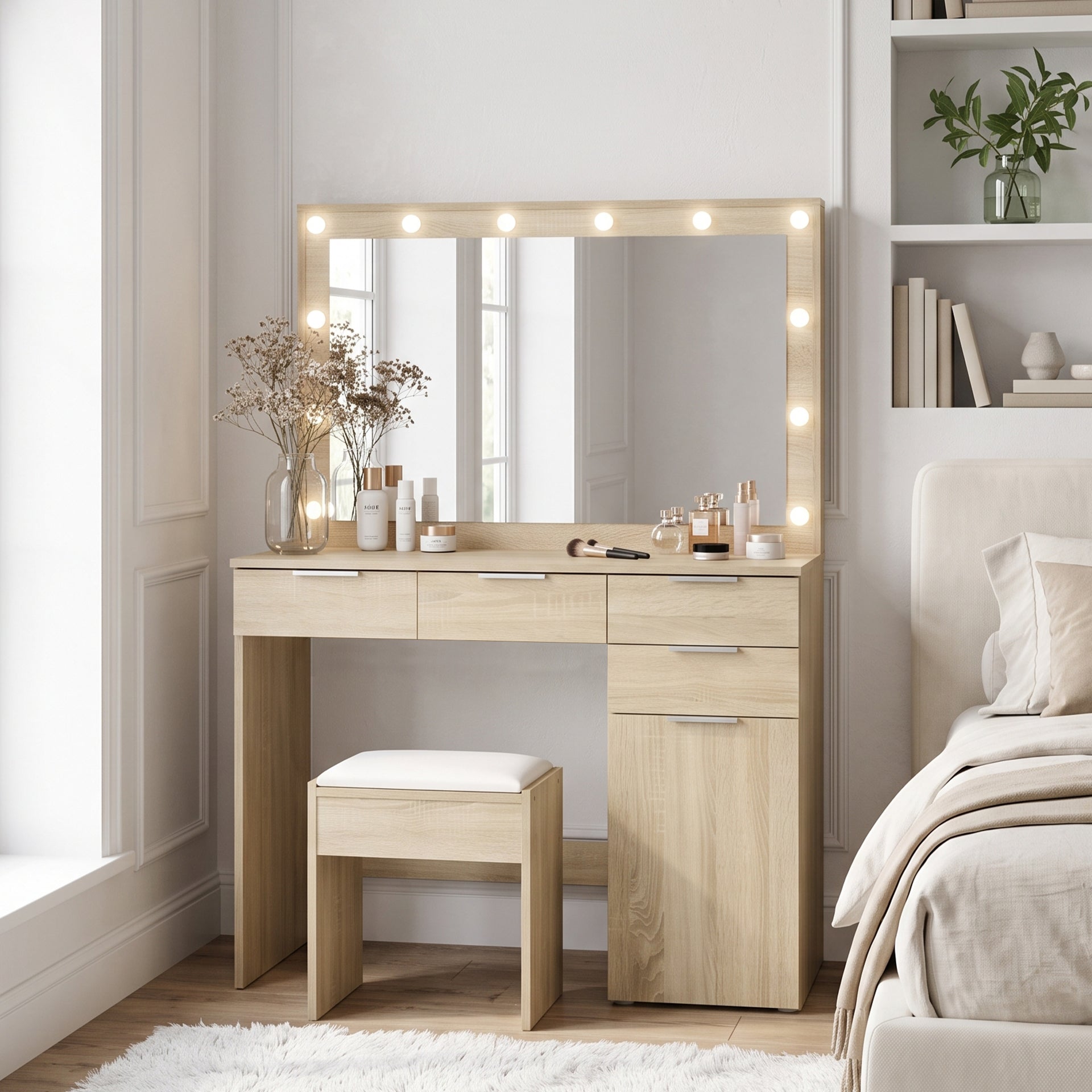 Comfrey 2 Piece Dressing Table with Mirror & Stool Set - Oak – Treasurebox