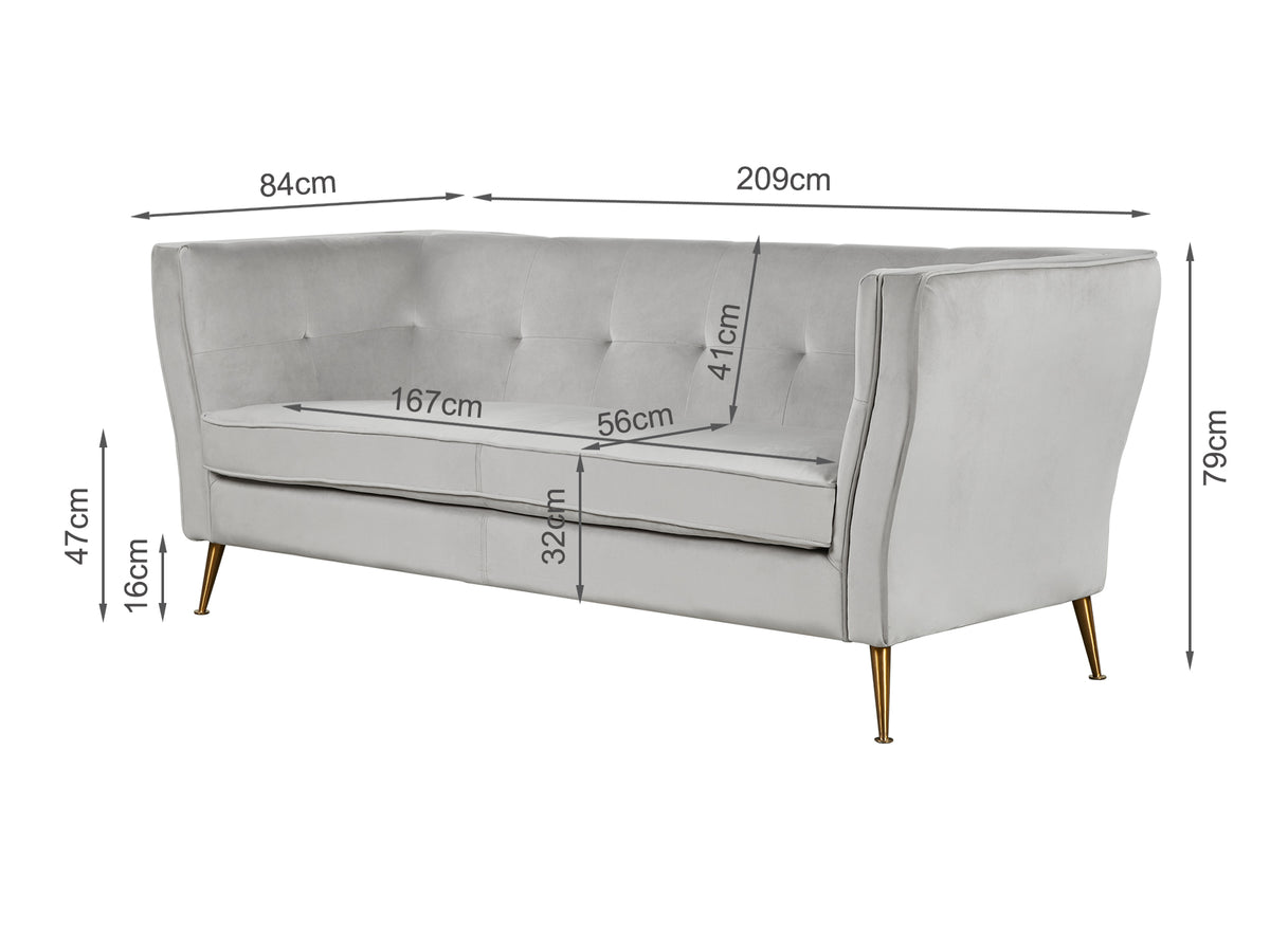 Treasurebox OSLO 3 Seater Velvet Sofa - LIGHT GREY