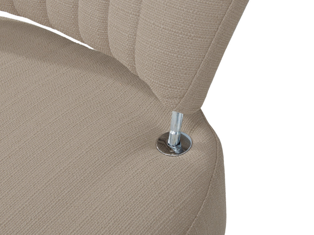 Close-up of Anita Occasional Chair's beige fabric and chrome detailing, highlighting elegance and comfort.