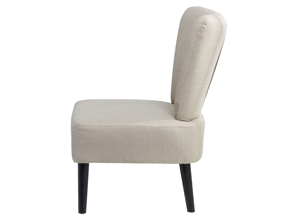 Side view of Anita Occasional Chair - elegant fabric lounge chair with soft cushioning and stylish black legs.