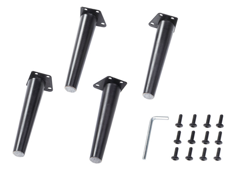 Set of four black furniture legs with mounting screws and an allen wrench for easy installation.