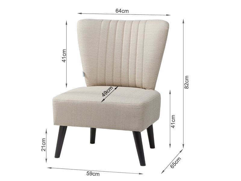 Anita Occasional Chair Fabric Lounge Chair dimensions with elegant design, showcasing beige upholstery and black legs.
