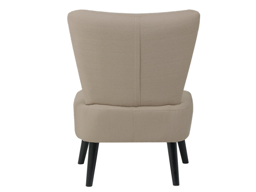Back view of the Anita Occasional Chair in beige fabric with black legs, highlighting its elegant design.