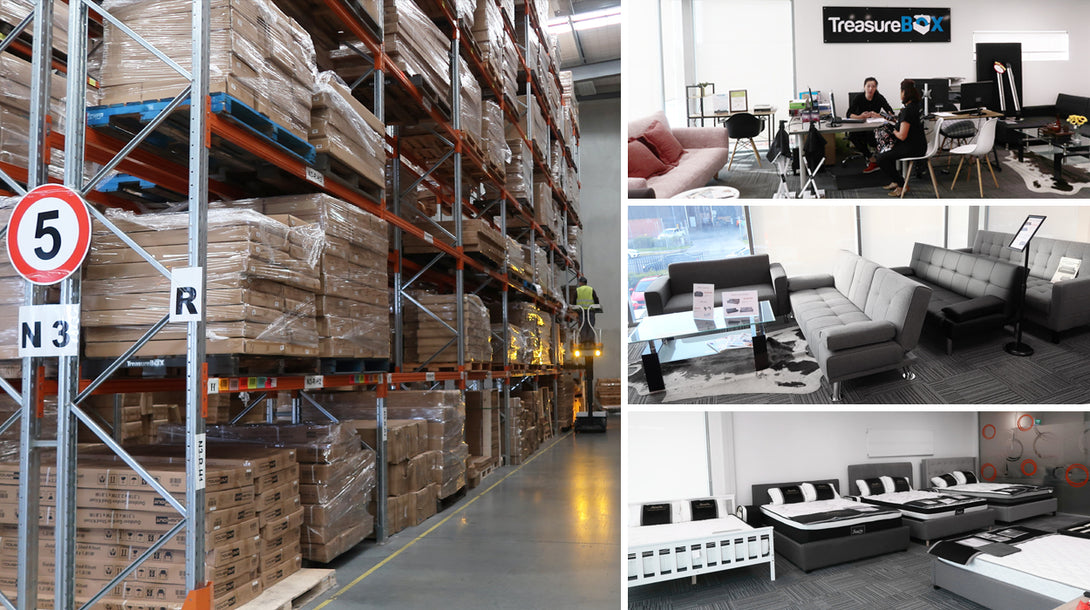 Warehouse interior showcasing stacked furniture, an office space, and various sofa styles for living room decor.