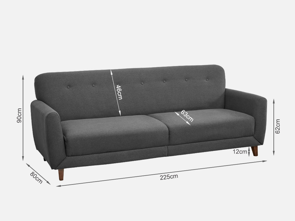MUNICH 3-Seater Sofa Bed in dark grey with dimensions 225cm x 90cm x 80cm, featuring a contemporary design.