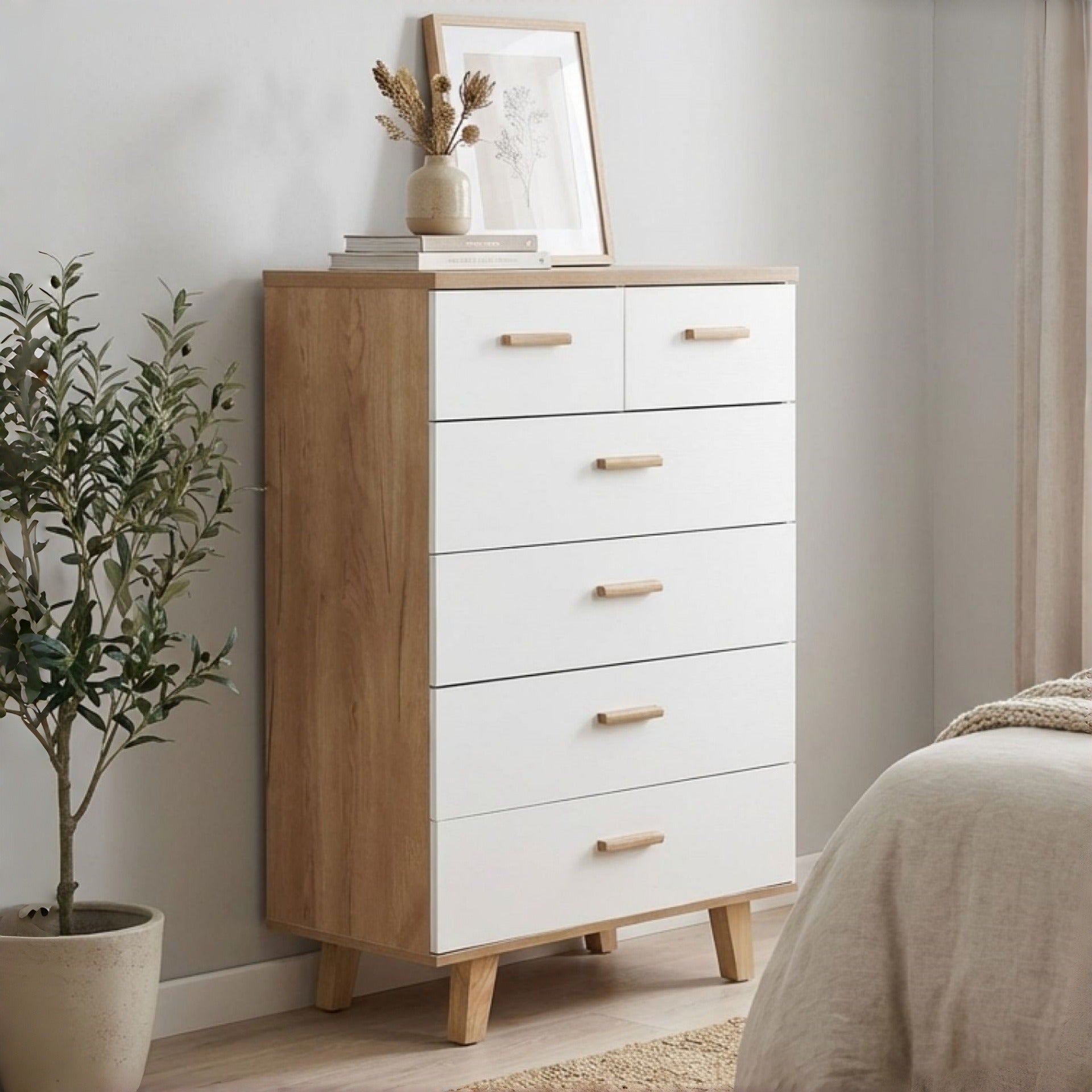Alton Tallboy 6 Drawers - Natural + White Stylish Storage – Treasurebox