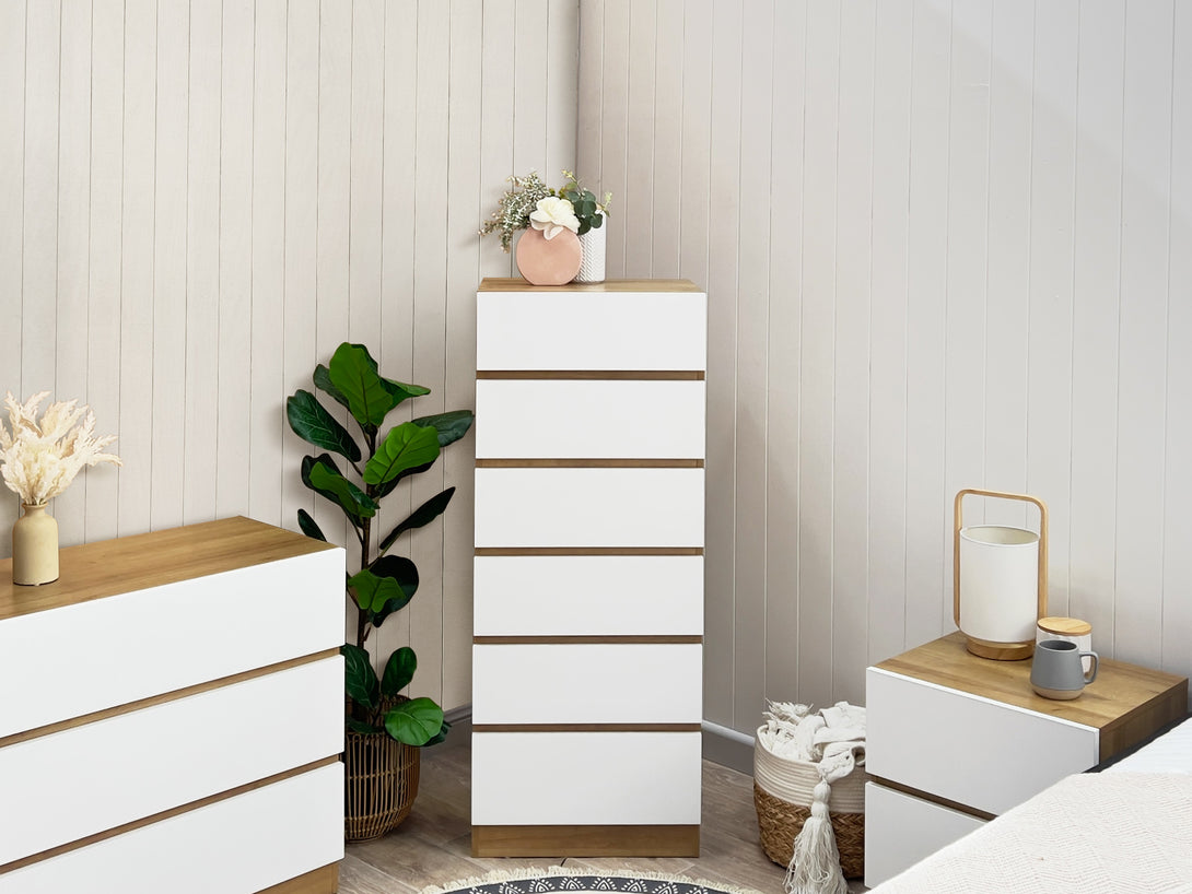 Harris 6 Drawers Slim Tallboy - Oak + White