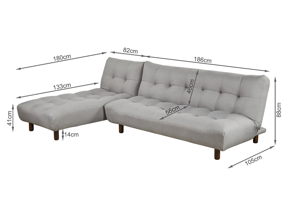 Treasurebox Helena 3 Seater Fabric Sofa Bed Futon with Chaise - Light Grey