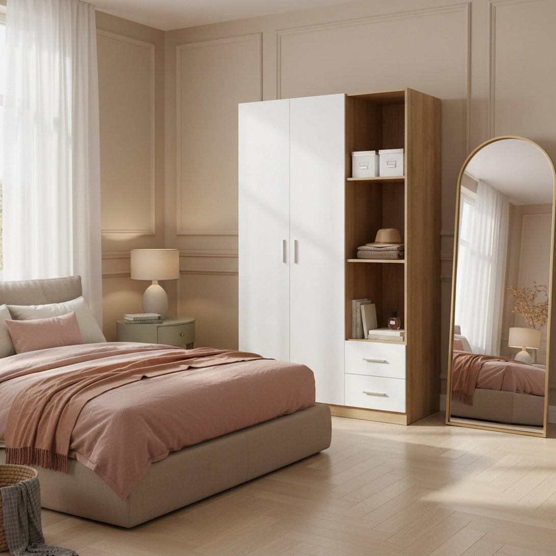 Harris 3 Door Wardrobe with Drawers - Oak + White