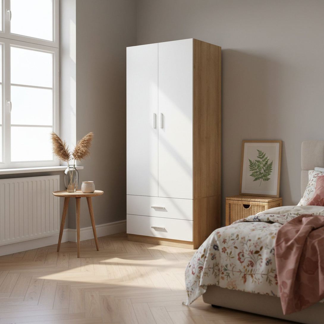 Harris 2 Door Wardrobe with Drawers - Oak + White