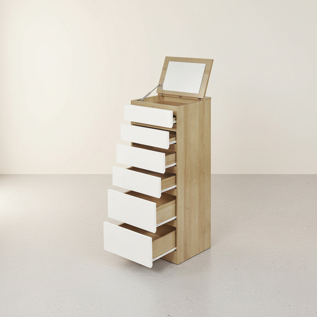 Harris 6 Drawer Tallboy with Mirror - Oak + White