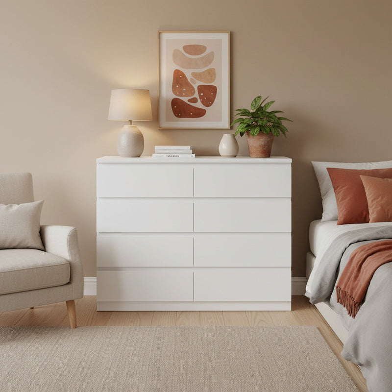 Tongass Wooden Low Boy 8 Drawers - Elegant White Design  Treasurebox