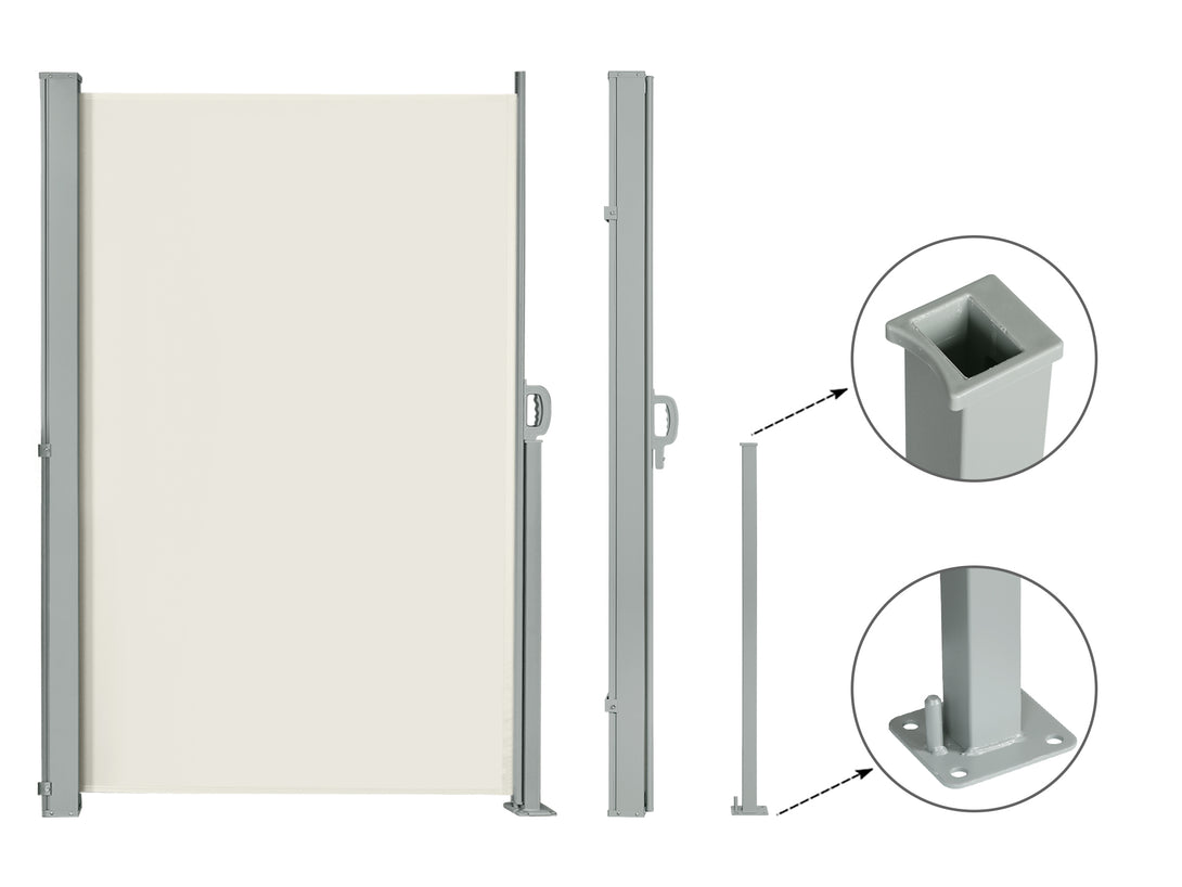 Toughout retractable side awning screen shade in beige, featuring durable fabric and installation components.