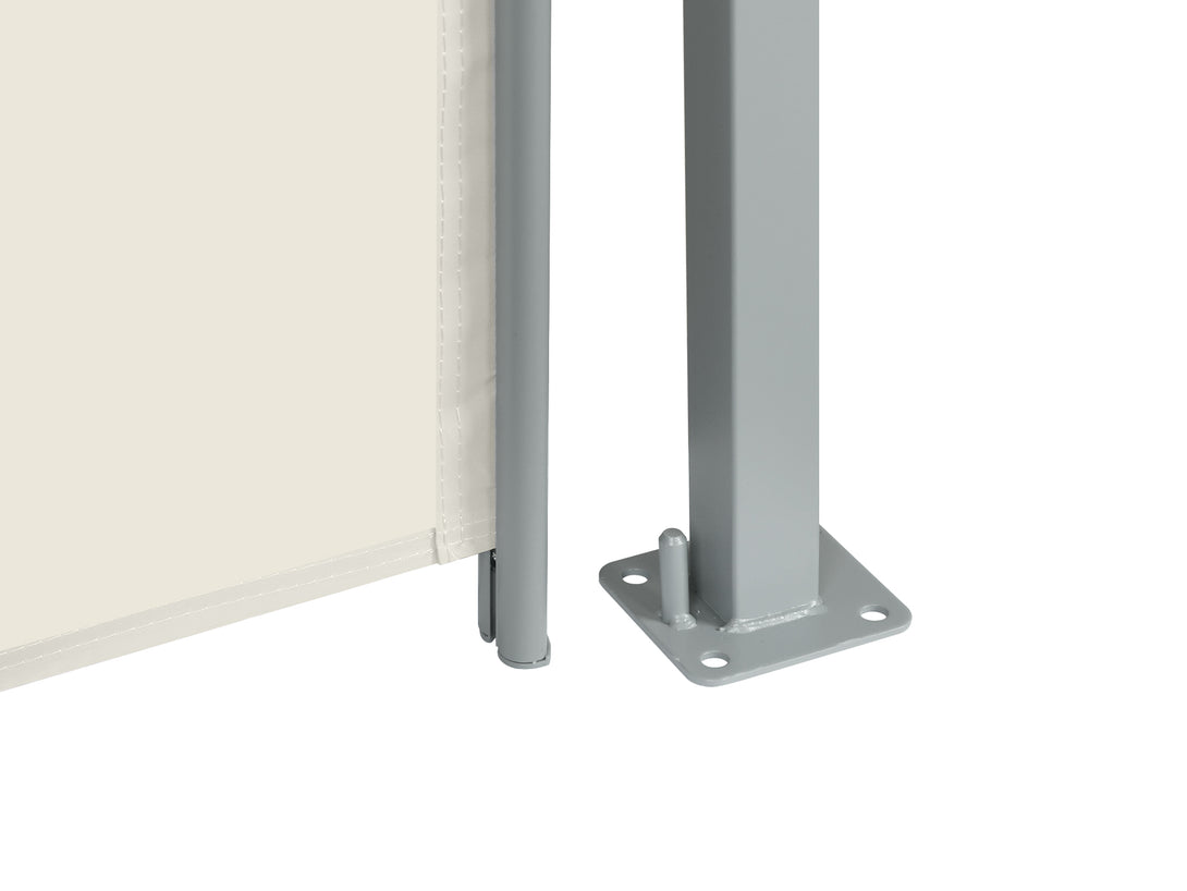 Close-up of Toughout retractable side awning with beige fabric and sturdy metal pole for stability.