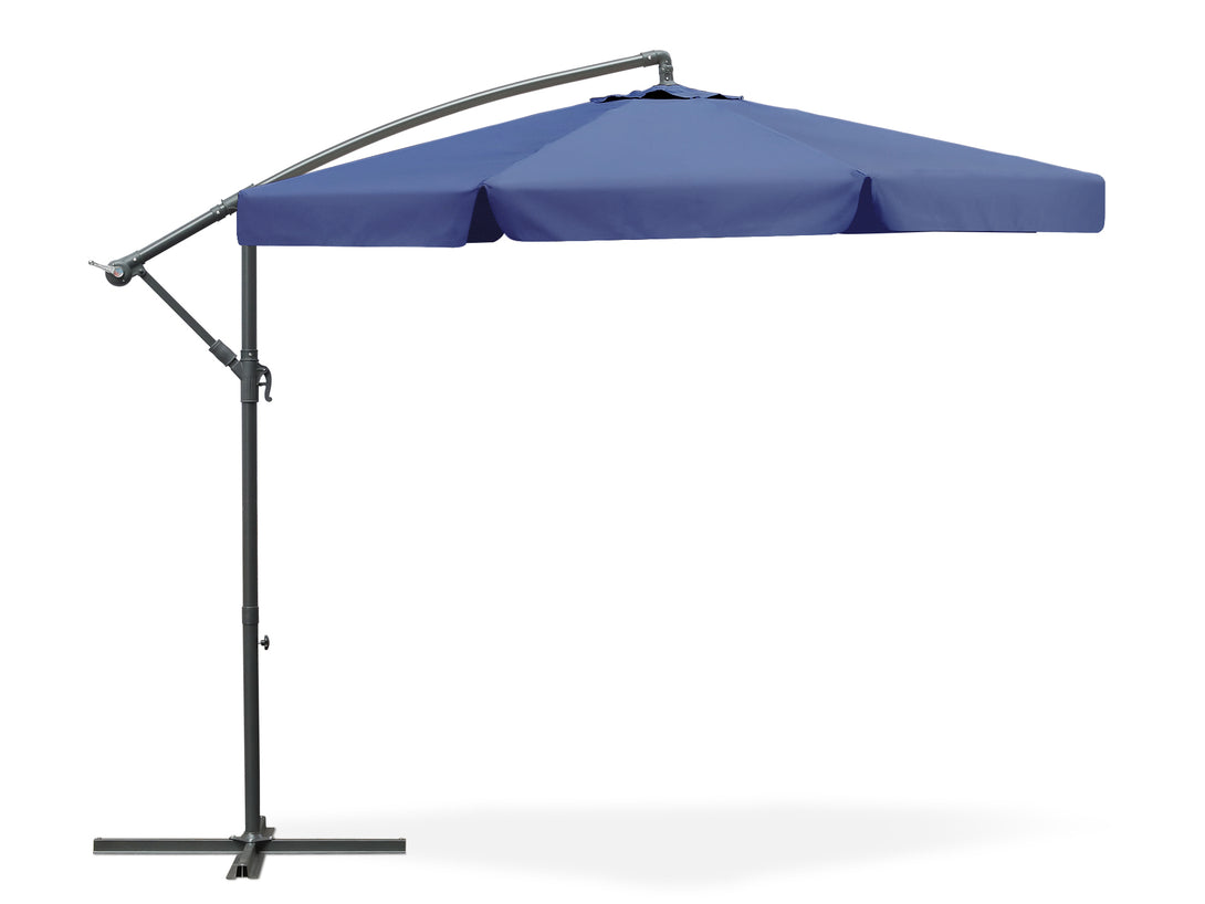 Toughout Puriri 3m outdoor cantilever umbrella in navy, featuring a modern side post design for optimal shade.
