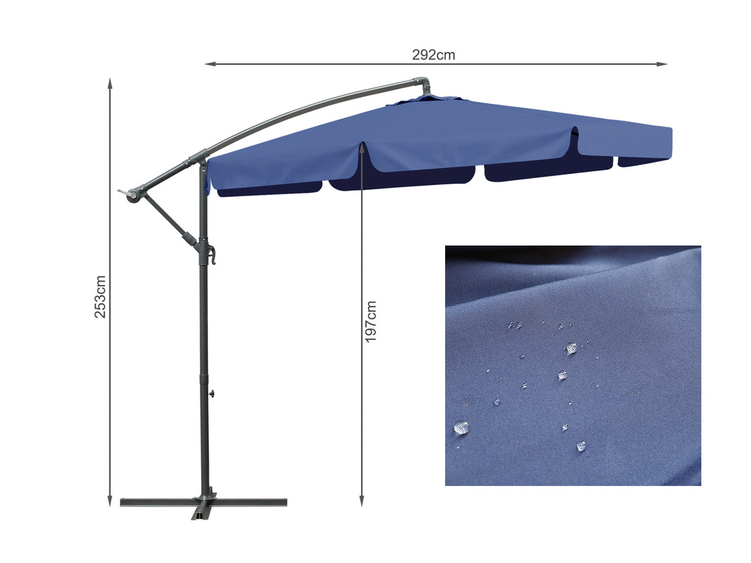 Toughout Puriri 3m cantilever umbrella in Navy, showcasing dimensions and waterproof fabric detail.