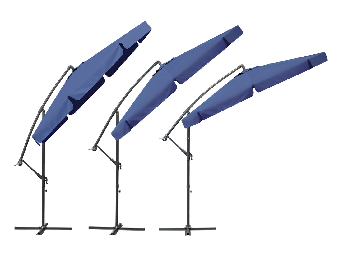 Toughout Puriri 3m Navy Outdoor Cantilever Umbrella in different tilted positions, showcasing modern design and functionality.