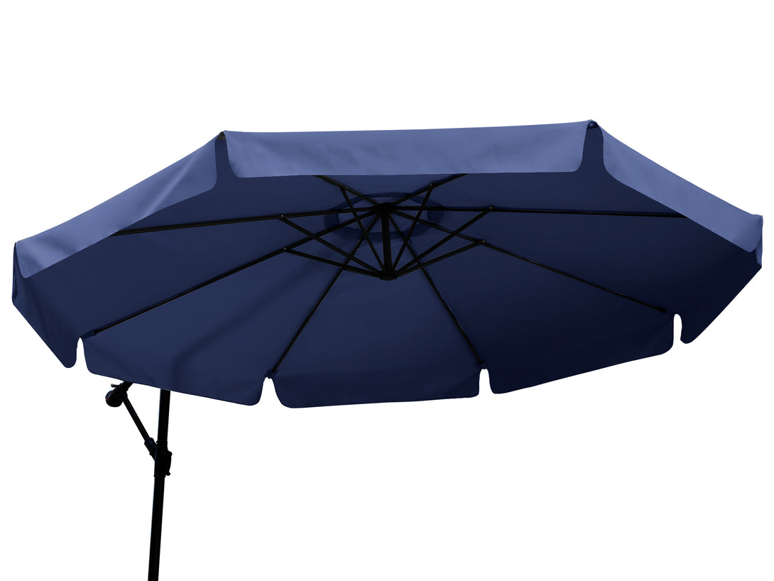 Toughout Puriri 3m navy outdoor cantilever umbrella showcasing its spacious canopy and sturdy side post design.