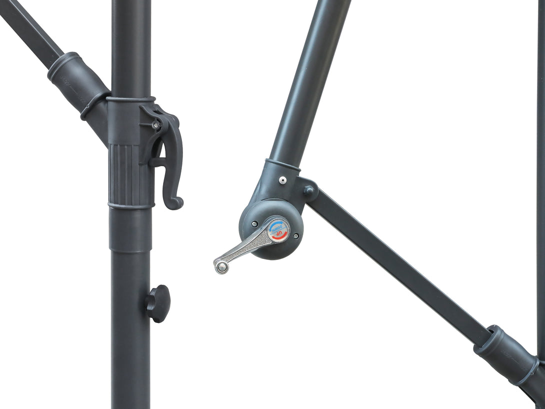 Close-up of Toughout Puriri Cantilever Umbrella's durable metal frame and adjustable mechanism.