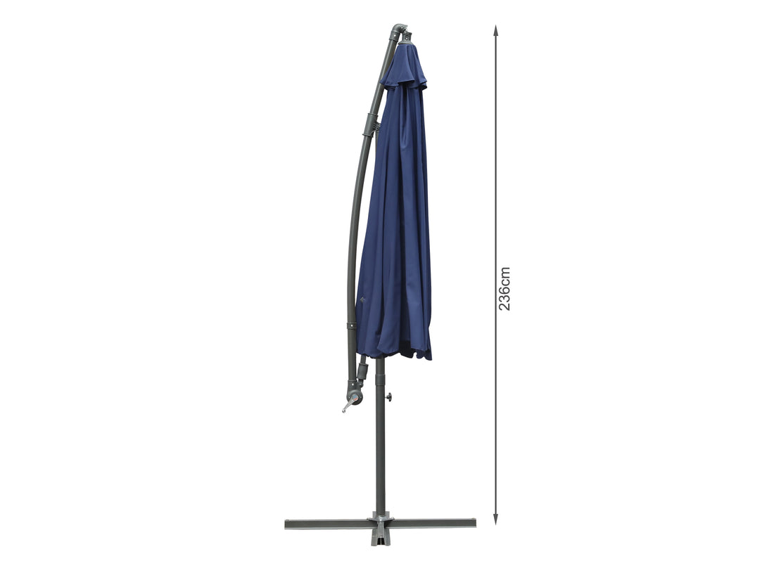 Toughout Puriri Outdoor Cantilever Umbrella 3m in navy, showcasing the contemporary side post design.